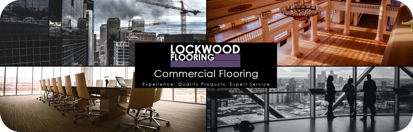 Lockwood Flooring logo with four images of commercial wood floor projects