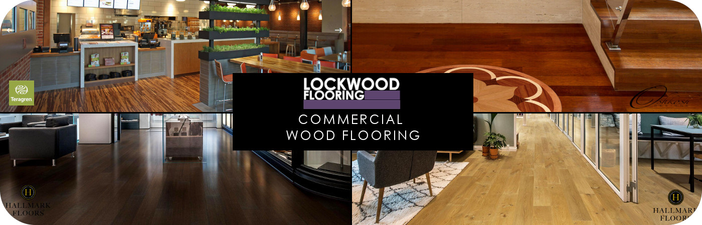 Lockwood Flooring logo with four images of commercial wood flooring projects